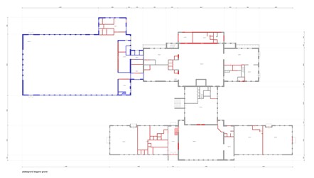 <p>Faseringsplattegrond van gebouw 16. <br />
niet ingekleurd: nieuwbouw 1939<br />
blauw: nieuwbouw eetzaal 1956<br />
rood: latere veranderingen</p>
